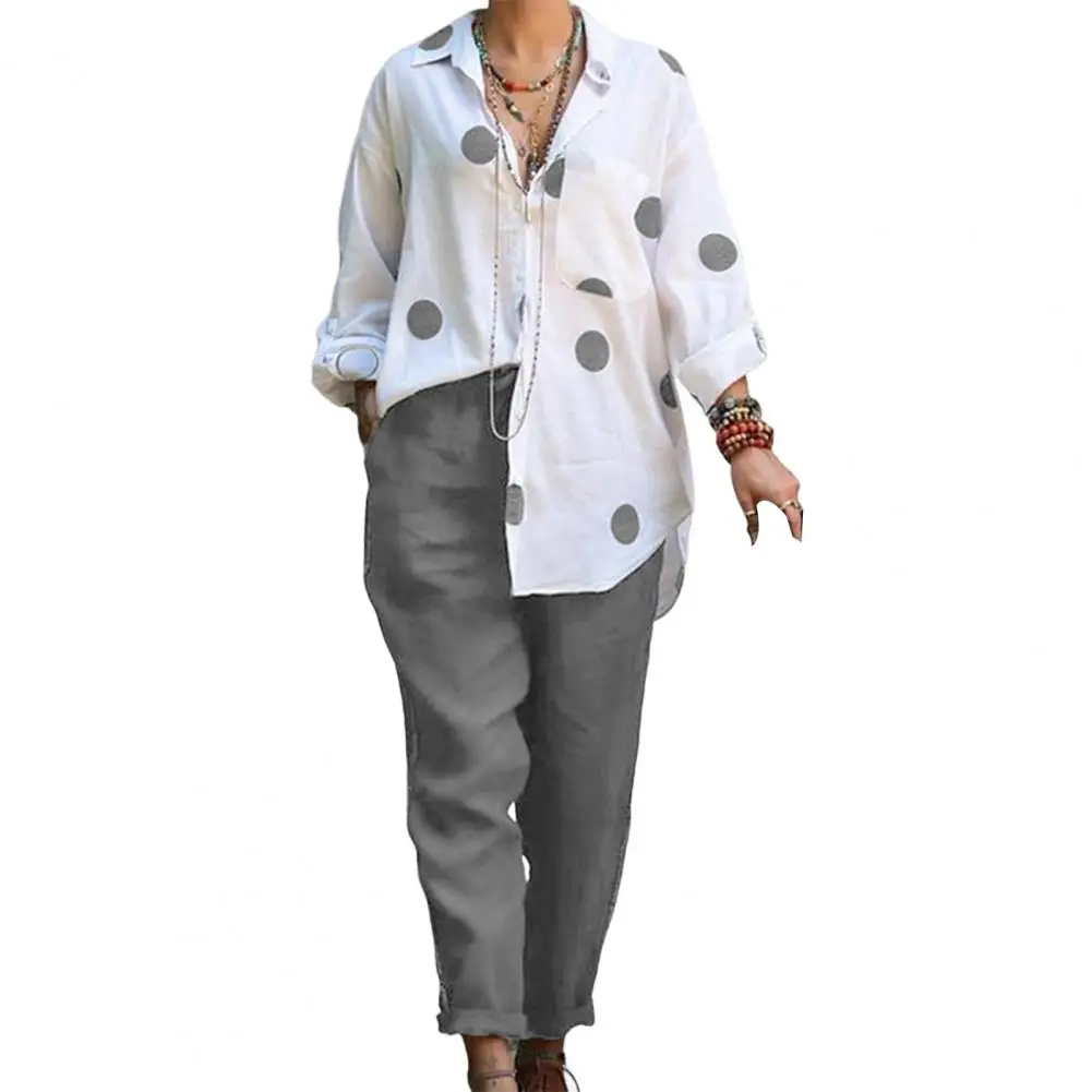 

2 Pcs/Set Women Tops Pants Set Long Sleeves Solid Color Pants Turn-down Collar Fall Blouse Trousers Suit for Work