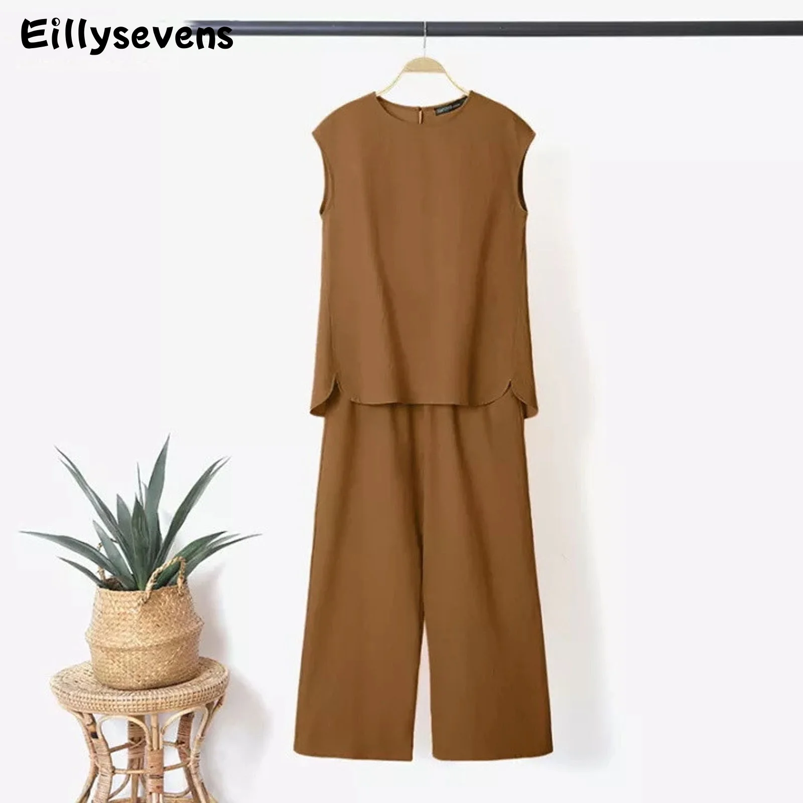 

Solid Color Summer Women's Suit Sleeveless O-Neck Women's Suit Elastic Waist Loose Sportwear Conjuntos Femininos Elegantes
