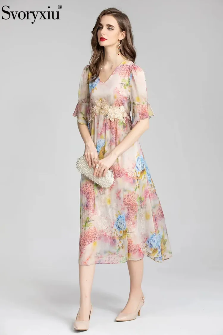 

Svoryxiu Summer Designer Fashion Vintage Floral Print Midi Dress Women's Sexy V-neck Appliques High Waist Vacation Party Dress
