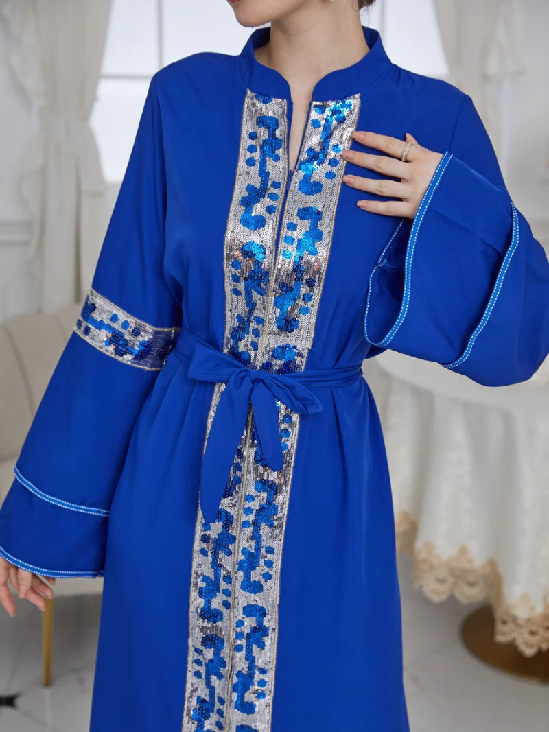 Arabic Dresses For Women Embroidered Sequins Patchwork Solid Blue Long Sleeve Split Hem Dress Islam Oman Qatar Abaya