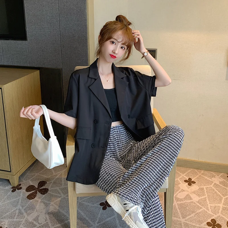 

Летний женский Блейзер Traf Зара, новинка 2022, корейский Свободный Тонкий черный костюм средней длины с коротким рукавом, куртка, женская одежд...