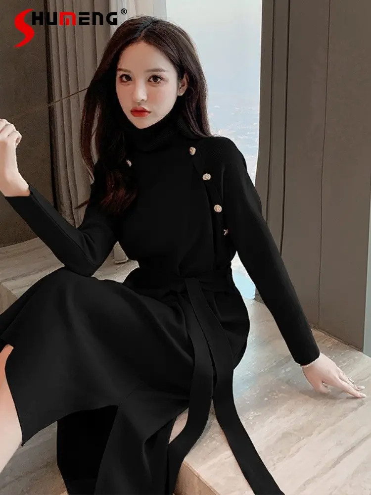 

Retro Hepburn Long Below The Knee Sweater Lace-up Waist Base Inner Wear Turtleneck Knitted Dress Autumn Winter New Women Clothes