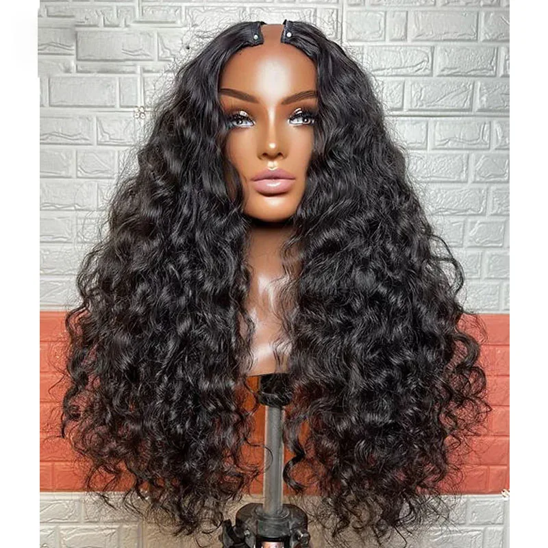 

Natural Black 24 inch Kinky Curly U Part Wig European Remy Human Hair Long Glueless Jewish Soft Wig For Black Women Daily