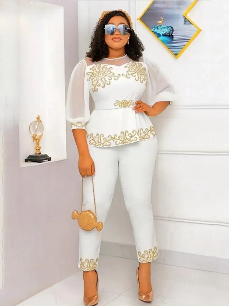 Office Suits for Women Two Pieces Lady Puff Sleeve Top and Pants Set Fashion Elegant Plus Size Sets Wholesale Bulk Dropshipping