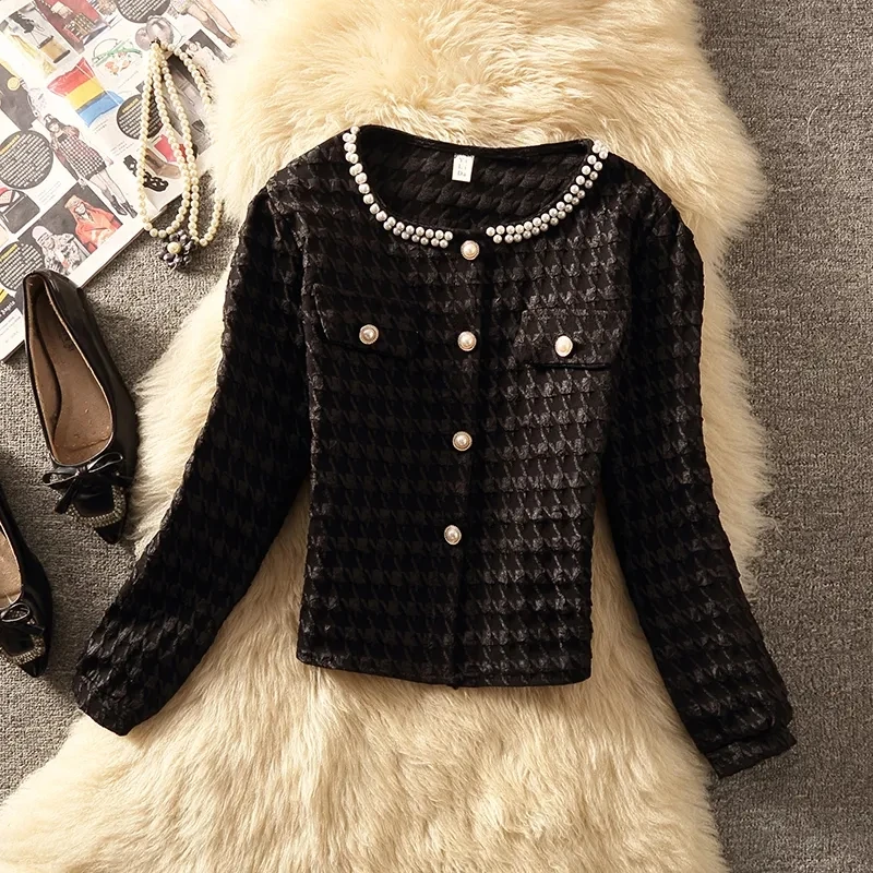 

Women's Spring 2023 Korean Single Breasted Versatile Long Sleeve Cardigan Pin Beaded Round Neck Shirt Blouse