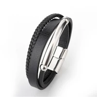 popular multi layer woven mens leather rope titanium steel bracelet bangle simple stainless magnetic snap jewelry