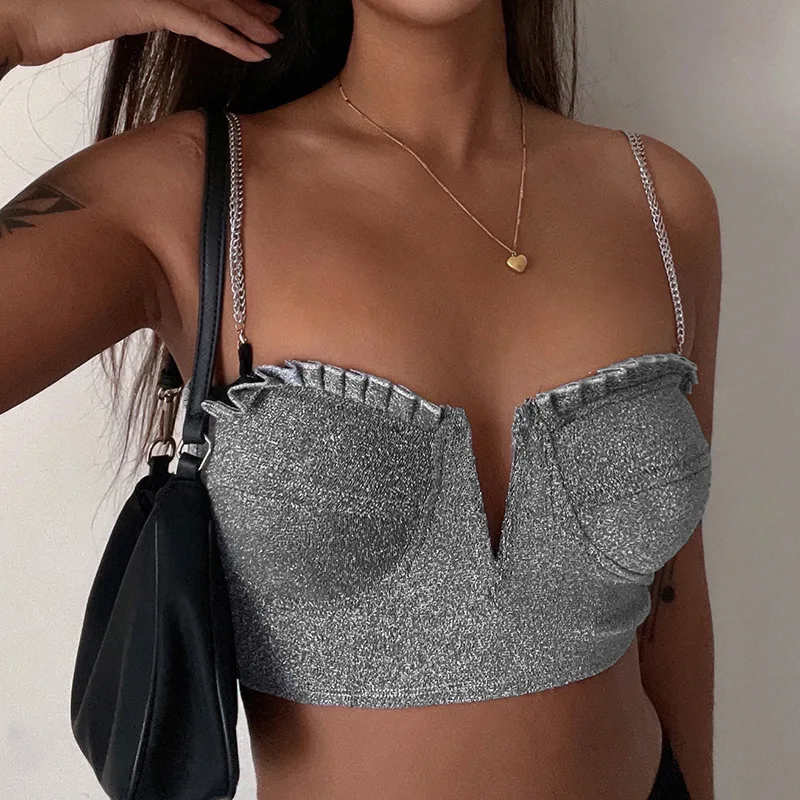 

Summer Fashion Sexy Club Patchwork Shiner Stringy Selvedge Backless Low Cut Camis Girl Crop Top Women Skinny Tank Top Corset