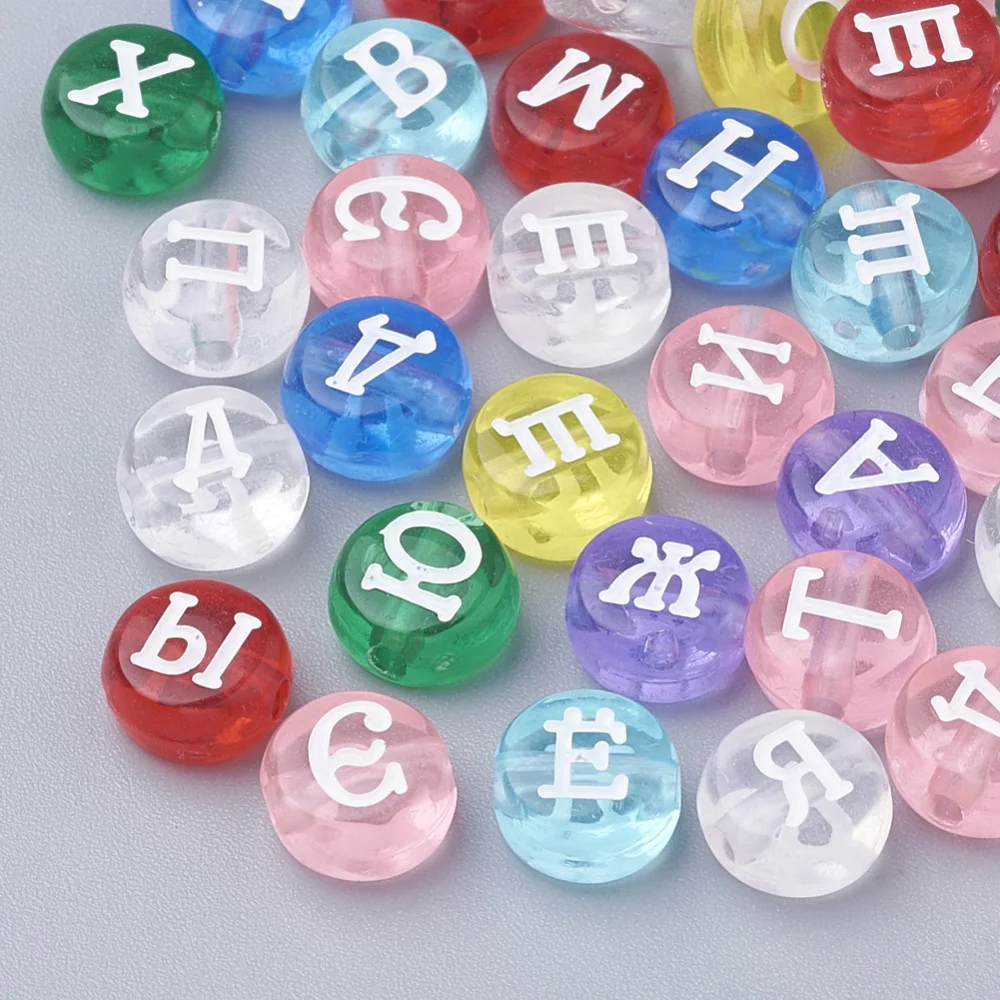 

500g Transparent Acrylic Beads Flat Round with Russian Alphabet Mixed Color 7x4mm Hole: 1mm about 3700pcs/500g