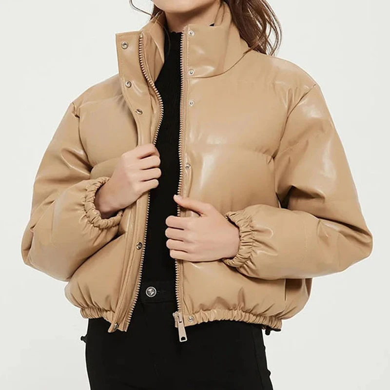 Women's Down Coats Solid Casual Commuter Pu Leather Coat Zipper Long-sleeve Short Jackets Winter Fashion Outwear abrigo mujer