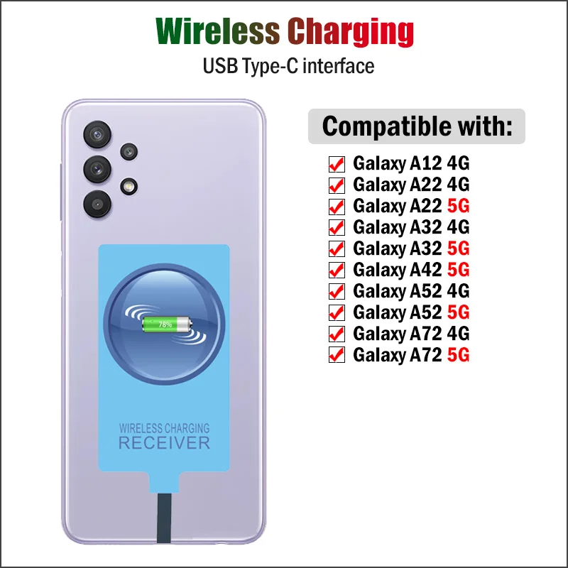 Qi Wireless Charging Receiver for Samsung Galaxy A12 A22 A32 A42 A52 A72 4G 5G USB Type-C Adapter USBC Charger Connector