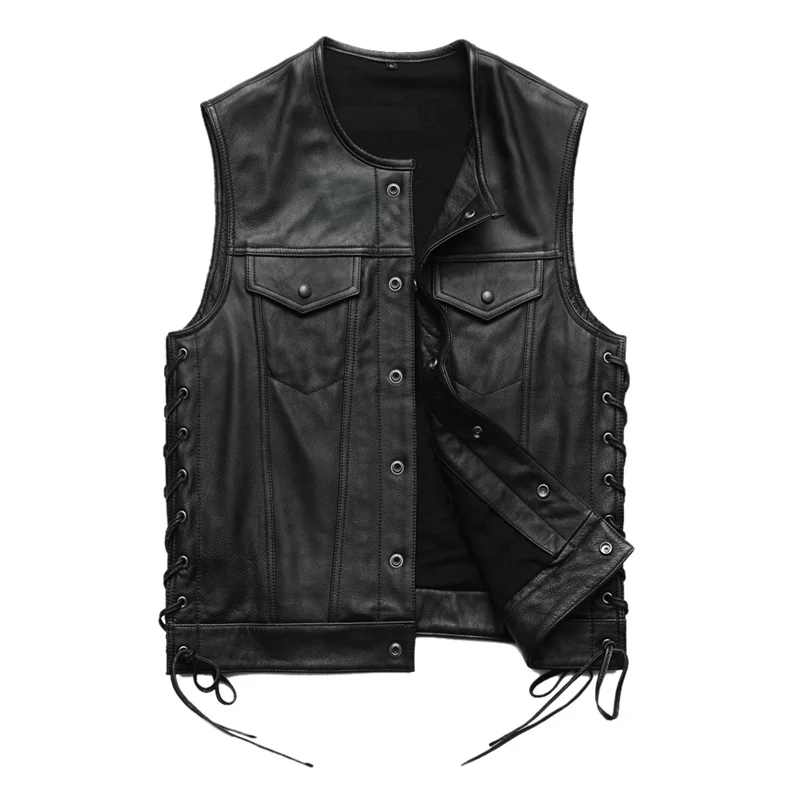 

luxury Men 100% Cowhide Motorcycle Slim Biker Leather s Men's Designer Spring Autumn Vest