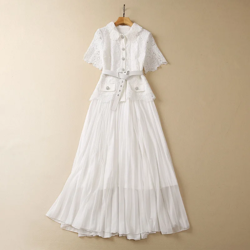 

European and American women's clothes 2023 summer new Short sleeve lapel belt fashion Lace patchwork Pleated Dress