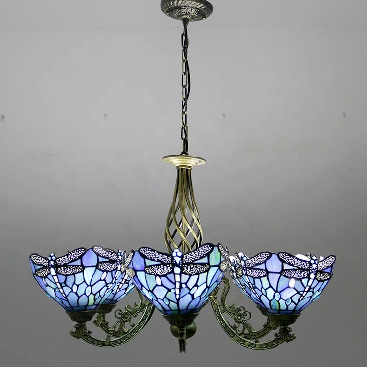 

LongHuiJing 6 Lights Pendant Light Tiffany Stained Glass Dragonfly Patterned Chandelier in Iron Style Ceiling Hanging Lighting