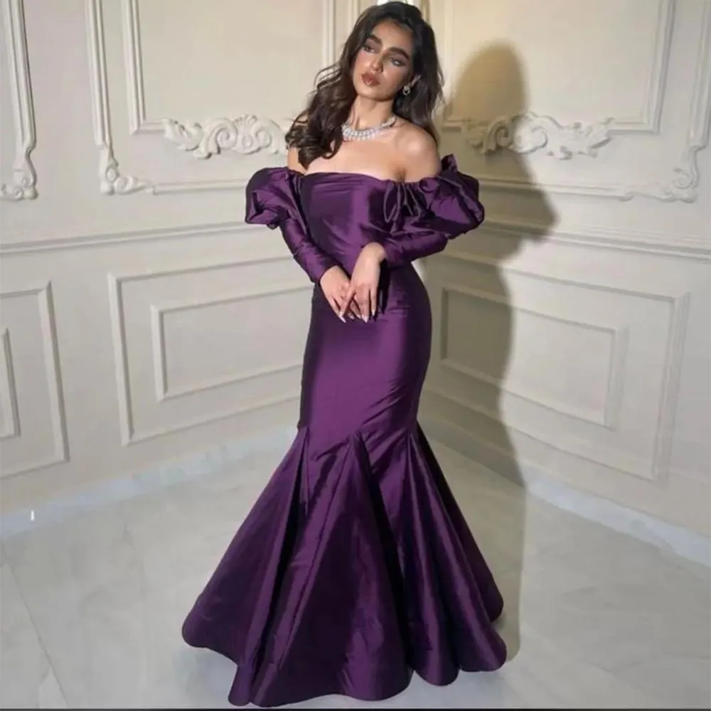 

BridalAffair Purple Saudi Arabic Satin Mermaid Evening Dresses Long Sleeves Prom Dress Dubai Women Formal Party Gowns 2022