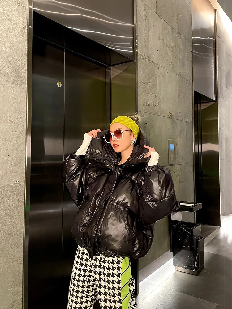 Street Jacket Short Candy Color All-match Bread Coat Women Shiny Warm Big Hooded Cotton Padded Parkas Fashion Winter Jacket Lady
