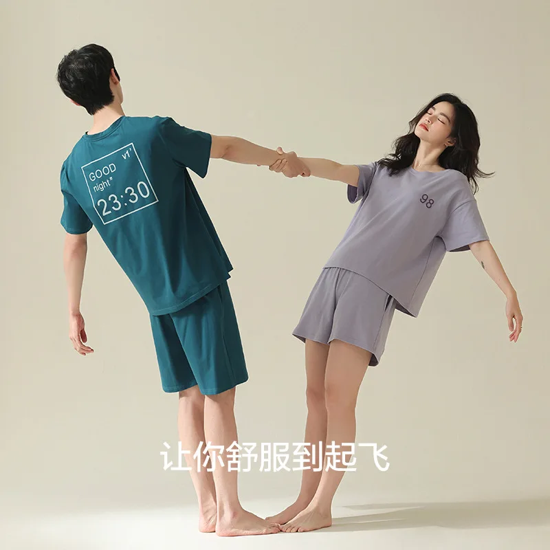 Summer Pajamas Women's Short Sleeve Trousers 2 Piece Sets Couple Pajamas O-Neck Cotton Soft Cool Pyjamas Men Home Clothes Suits