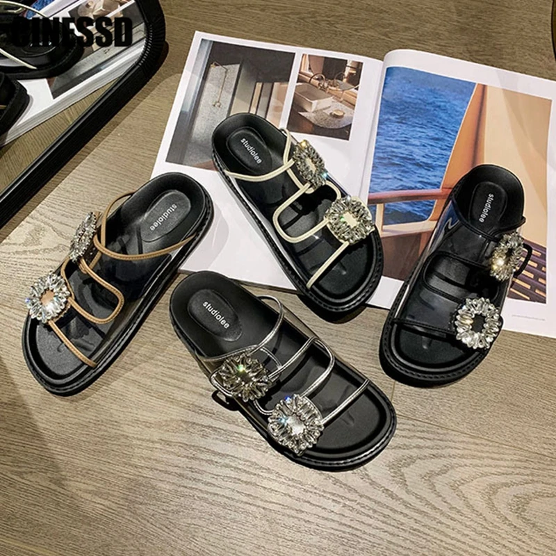 

Rhinestone Thick Bottom Slippers Summer 2023 New Women Transparent Ladies Crystal Slides Flats Female Fashion Shoes Beach Basic