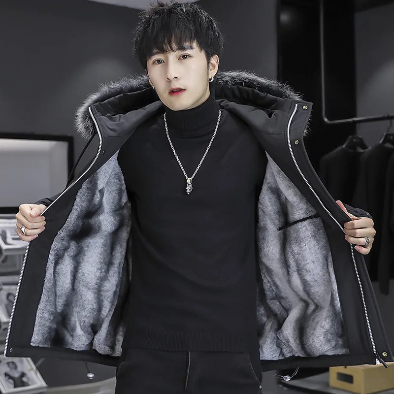 Men's Coat Trend Winter Men's Cotton-padded Jacket Hooded Padded Jacket Men's Cashmere and Heavy Jacket