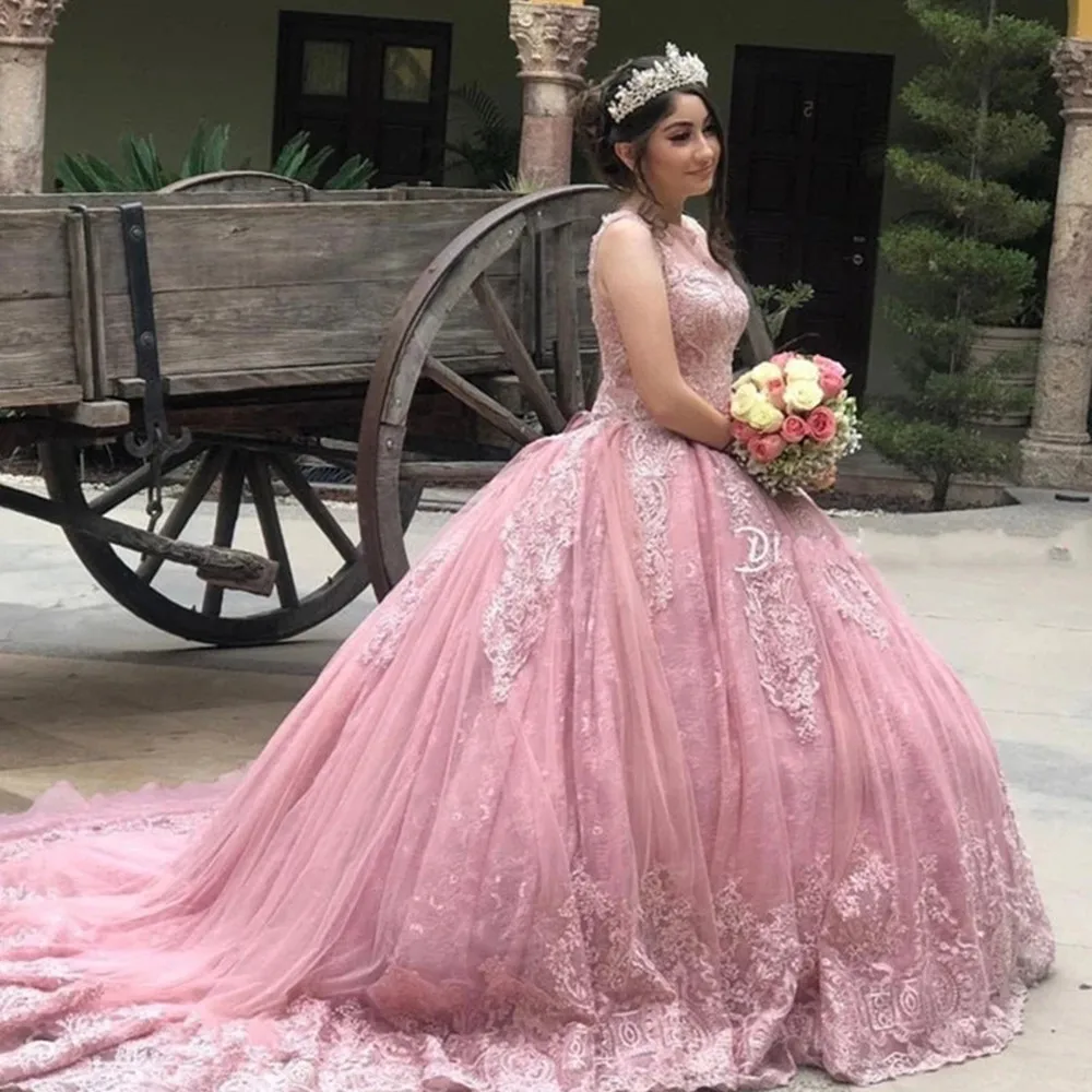 

Pink Vestidos Luxury Sequin Quinceanera Dress Classic Sheer Neck Ball Gown Party Dress Robe De Bal Prom Dress Customize