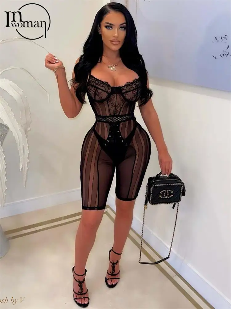 

Inwoman Summer Sexy Romper Womens Jumpsuits Short Sleeveless Bodycon Mesh Jumpsuit See Through Black Rompers Playsuits 2022