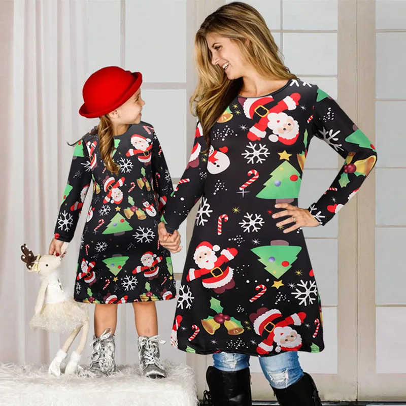 

2022 Mother Daughter Christmas Dresses Xmas Santa Claus Printed Long Sleeved Mini Dress Mommy and Me Clothes Mom Baby Outfits
