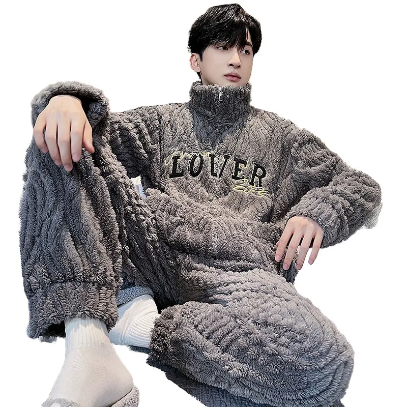 QUHENG Winter Man Collar Pajamas Set Warm Flannel Home Clothes Coral Fleece Sleepwear Thick Warm Nightwear Large Size Pyjama
