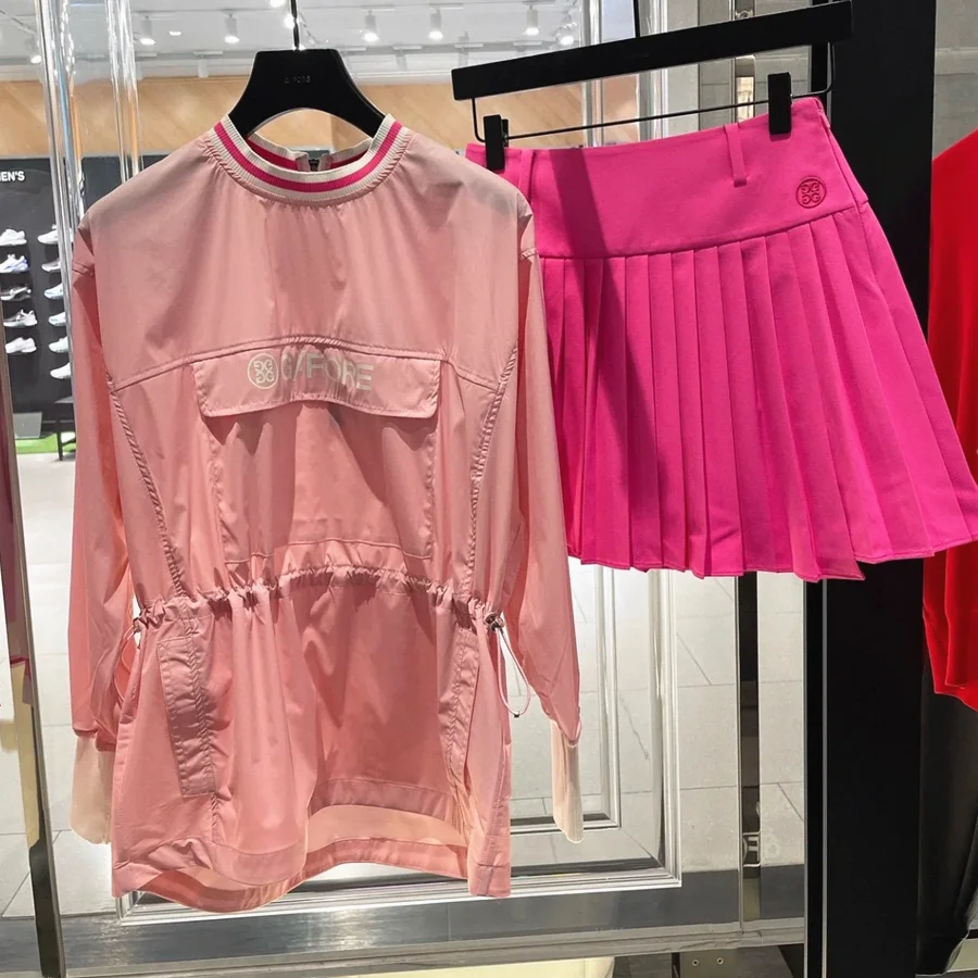 Golf Shirts Long Design Windbreaker Women's Fashion Windproof Coat Pink Golf Top Pullover Round Neck Slim Waist Windbreaker