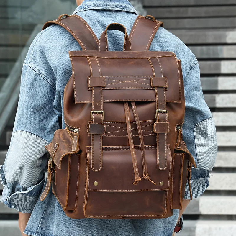 

Backpack leather large capacity computer backpack men's cross-border crazy horse leather shoulder backpack fashion tide travel b