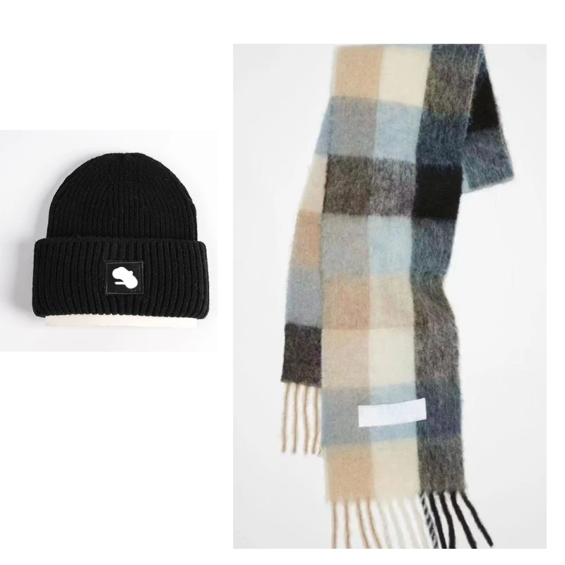 

Зимний клетчатый шарф, 2 шт., шали переменного тока, кашемировые толстые теплые шарфы с кисточками, радужные пушистые шапки-бини с улыбающимся лицом, вязаная шапка