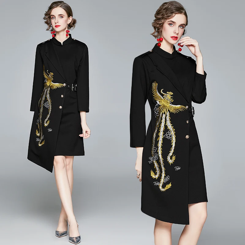 

Fashion Designer dress Spring Autumn Women's Dress Stand collar Embroidery Elegant Asymmetrical Dresses