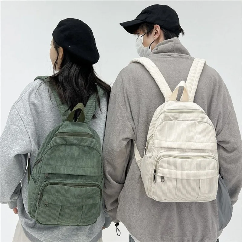 

Japanese Striped Small Backpack Women's Retro Solid Color Small Corduroy Backpack Student Travel Bag Schoolbag