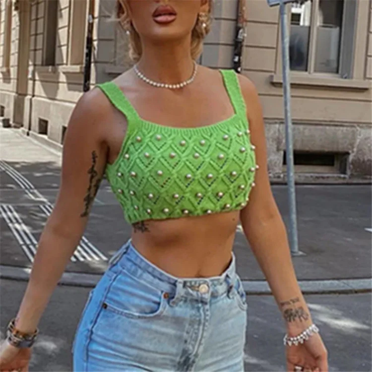 

New Summer Fashion Casual Knitted Skinny Vest Top Sleeveless Solid Slim Sexy Top Vest Women Pearl Splice
