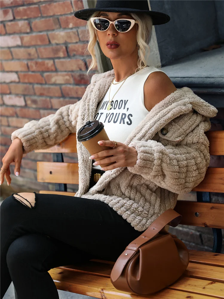 Women's Autumn and Winter Double-sided Velvet Long Sleeved Lapel Breasted Solid Color Medium Long Plush Comfortable Casual Coat