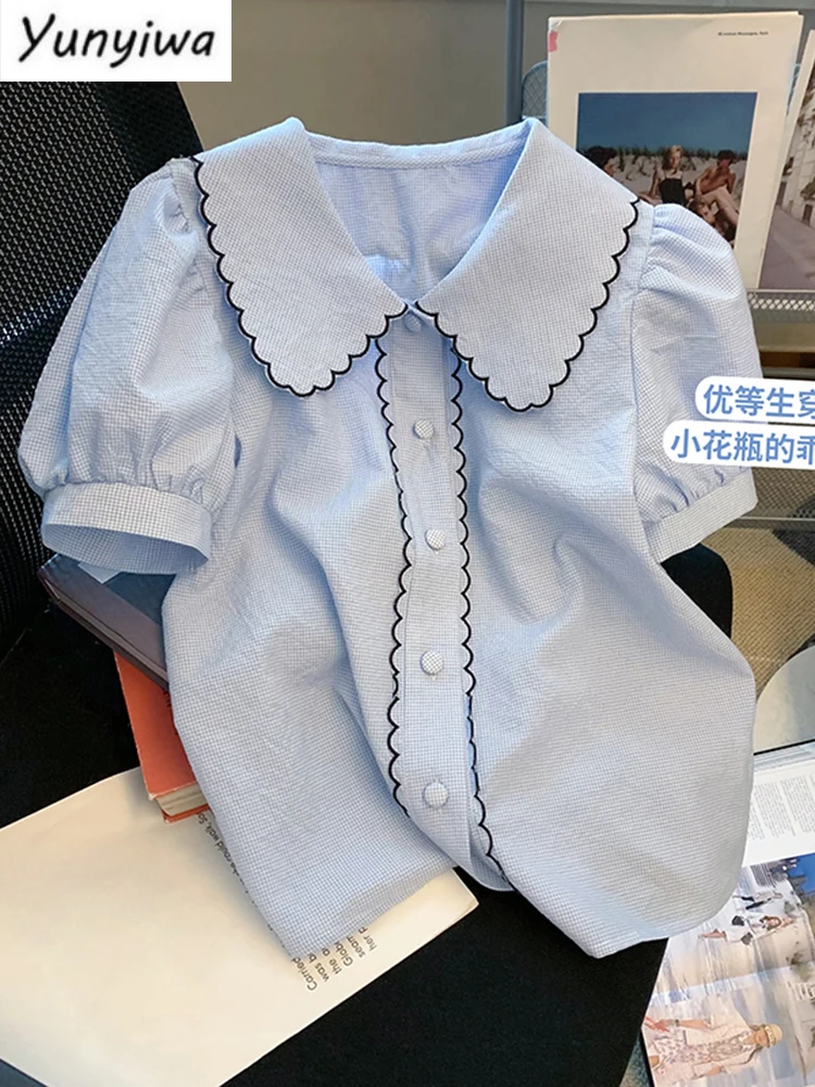

Женская блузка на пуговицах, голубая Повседневная Блузка с воротником «Питер Пэн» и пышными рукавами, лето 2022
