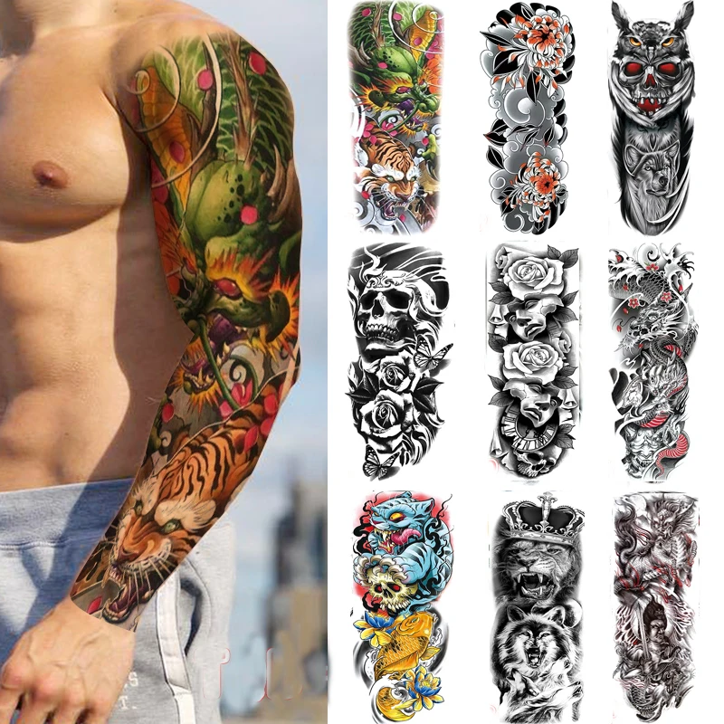 

52 Designs Waterproof Temporary Tattoo Stickers Full Arm Large Skull Old School Tatoo Stickers Flash Fake Tattoos for Men Women