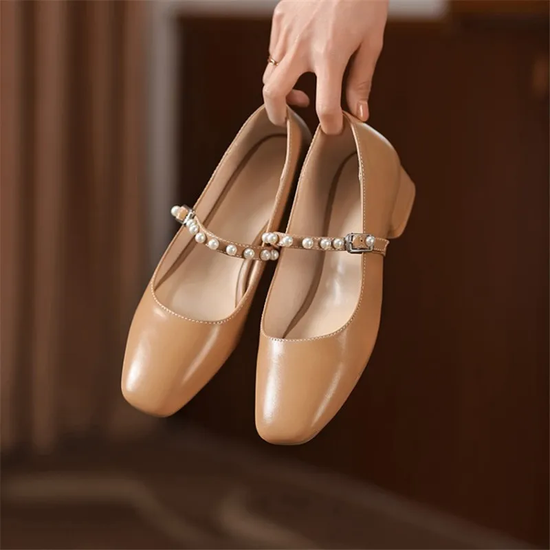 

2022 Spring/Autumn Woman Shoes Square Toe Chunky Heel Shoes for Women Pearl Buckle Low Heel Leather Shoes Pumps Zapatos De Mujer