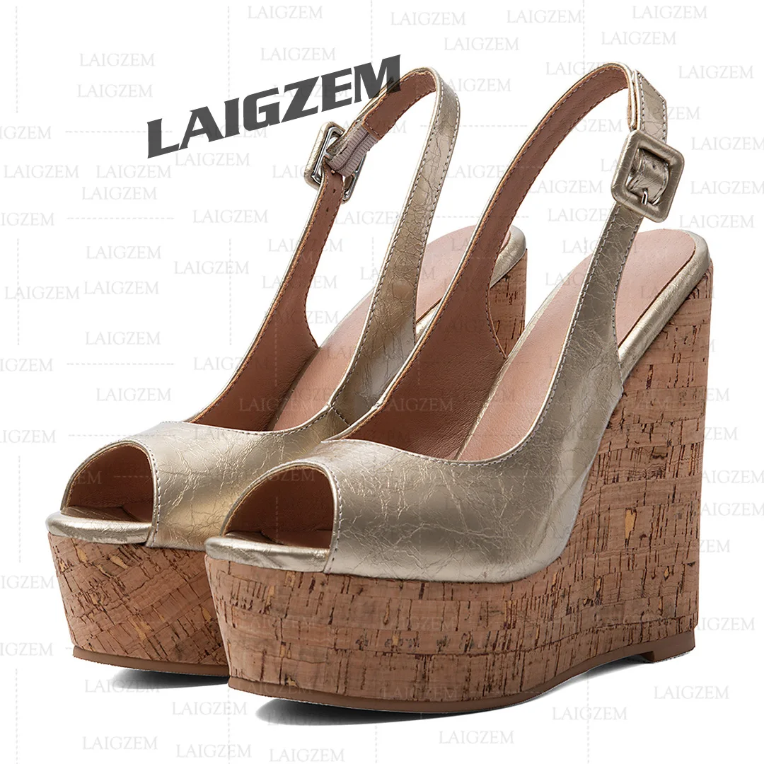 Фото Женские сандалии LAIGZEM на платформе, с открытым носком, с ремешком на щиколотке, туфли-слингбэки, вечерние туфли ручной работы, женская обувь больших размеров 43, 50, 52 №1