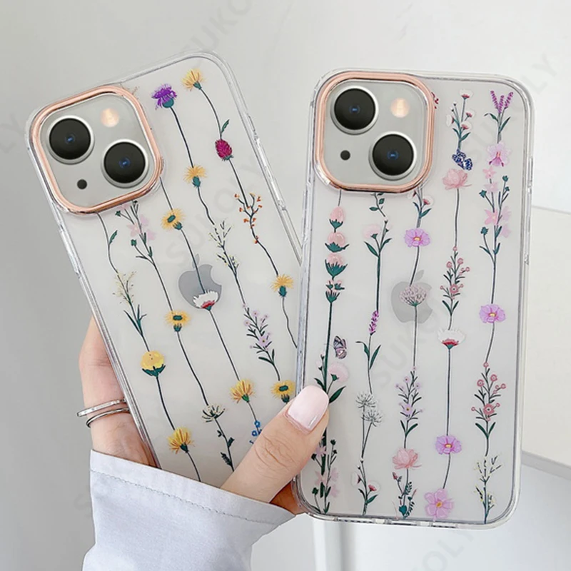 

Flowers Pattern Soft Case Cover For iPhone 13 12 11 Pro Max X XR XS Max 7 8 Plus SE 2020 Transparent IMD Sweet Phone Case