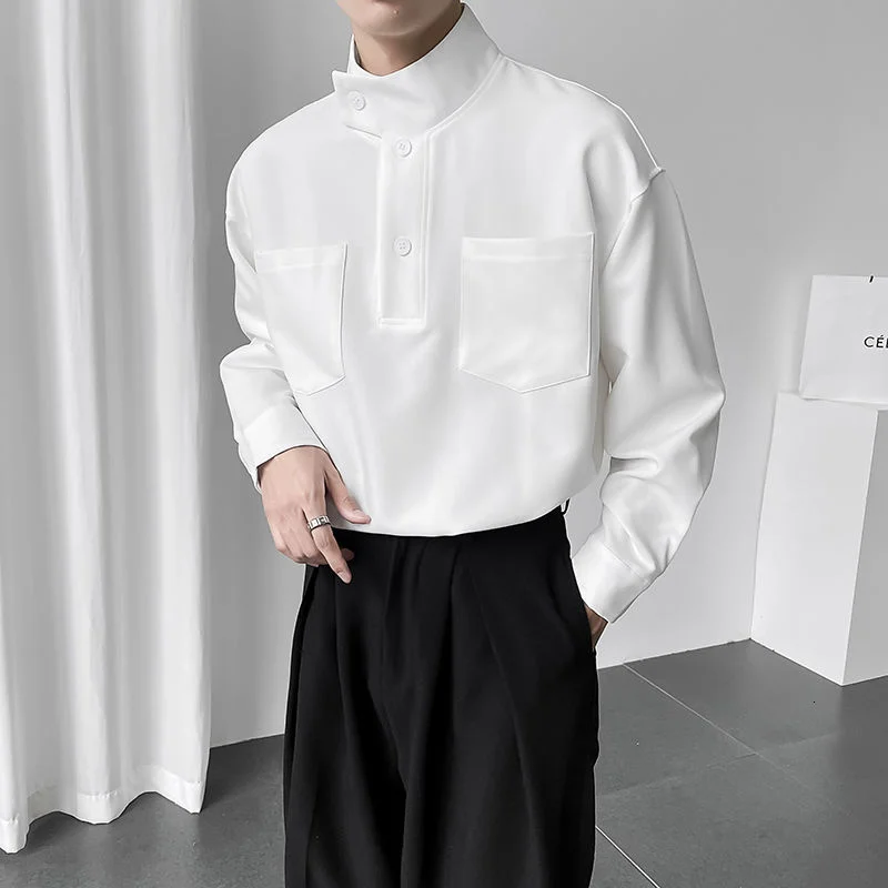 

Stand New Collar Pocket Long Sleeve Shirt Loose Pullover Shirt Nightclub Trendy Dress Shirt Men Social Party Camisas Para Hombre
