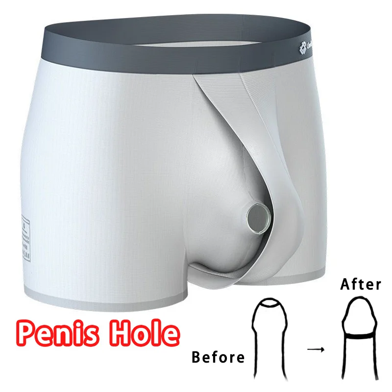 Man Separate Dual Pouch Underwear Summer Breath Foreskin Long Physical Therapy LIngerie Front Open Hole Sheath Boxers enhance