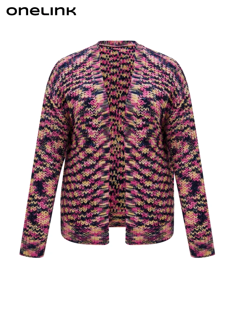 ONELINK Pink Purple Multicolors Rainbow Plus Size Autumn Winter Women Open Cardigan Sweater Oversize Knitting Woolen Clothing