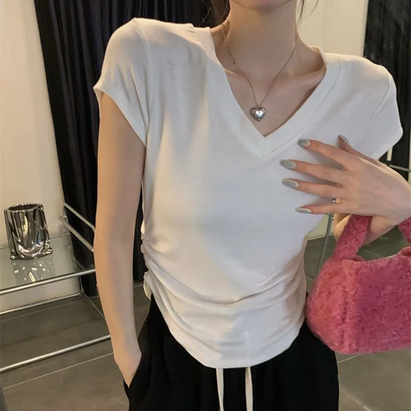 

Sexy Slim Fit Short Sleeve T Shirt for Women 2023 Summer All-Match White Short Tops Woman Korean Style Folds V-Neck Primer Shirt