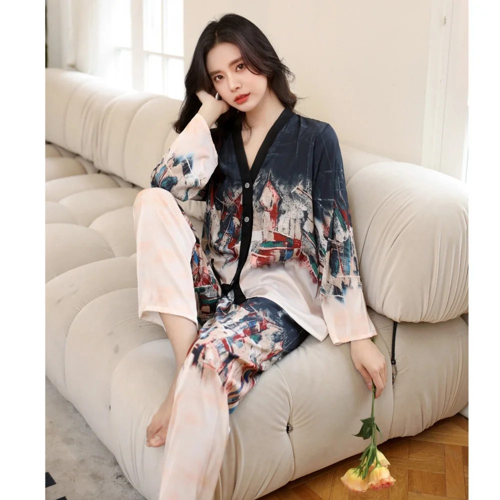 Lisacmvpnel Spring New Ice Silk Women Pajama Set Print Fashon Long Sleeve Suit Pyjamas Cardigan High Quality Suit Sleepwear