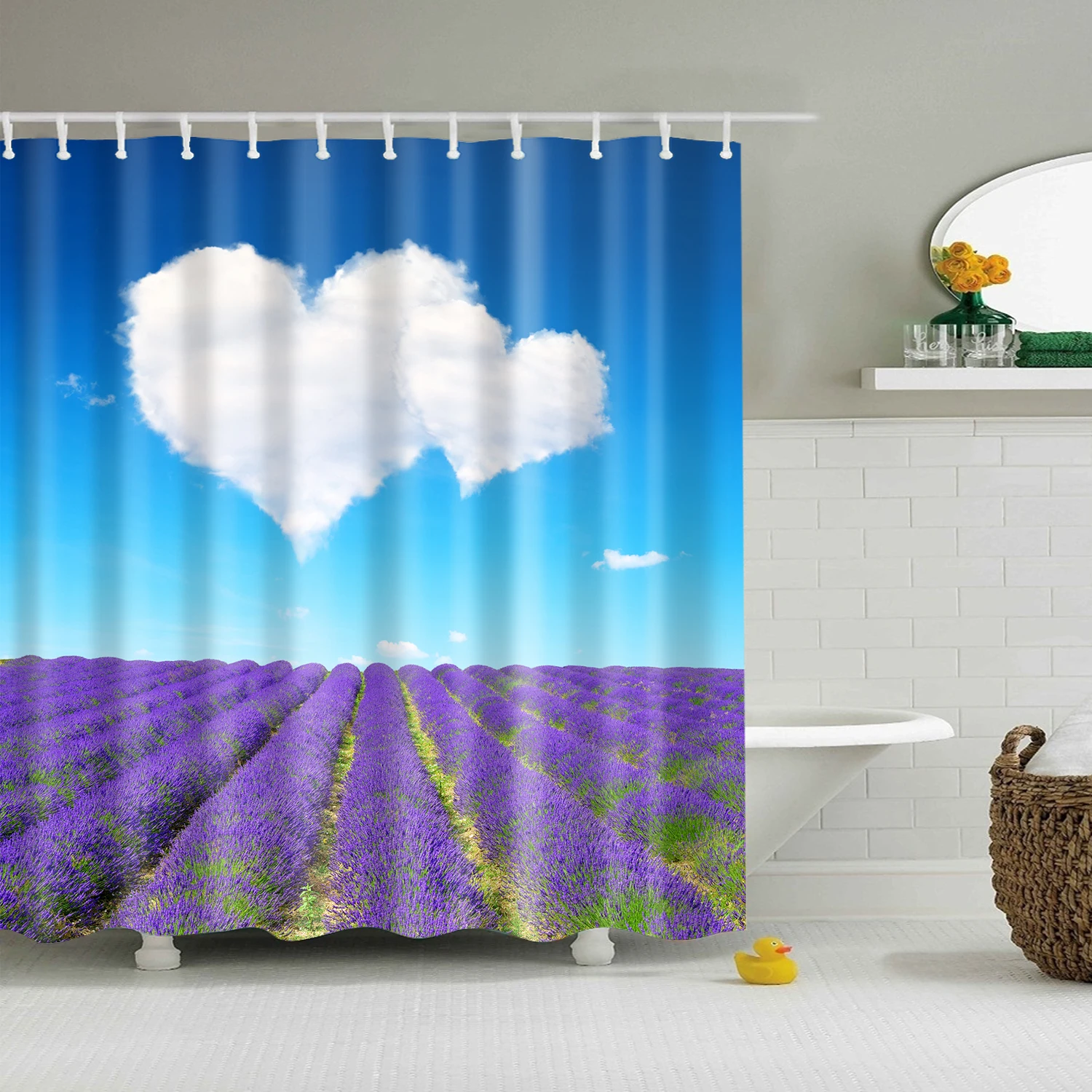 

Lavender Shower Curtain Serene Field View in Tihany Hungary Dramatic Dreamy Sunset Sky Nature Cloth Fabric Bathroom Decor Set