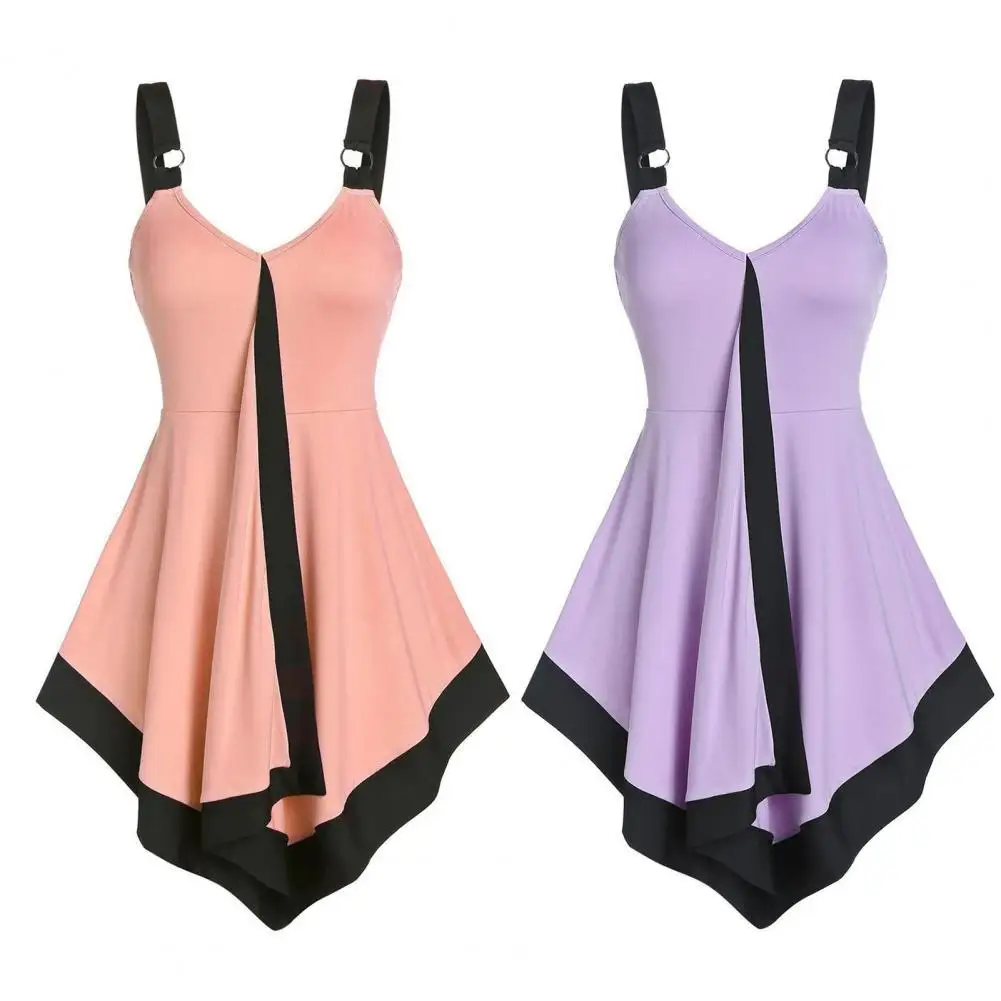 

Lady Sleeveless Tank Tops Women's Wide Shoulder Straps V-neck Pullover Top Waist Tight Patchwork Color Irregular Hem Sling Vest