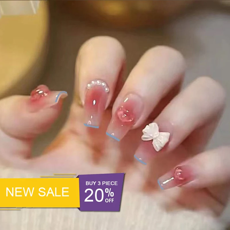

24pcs Long Coffin Fake Nails Three-Dimensional Bow Gradient Pink Manicure Removable French Ballerina False Nails Glue Full Cover
