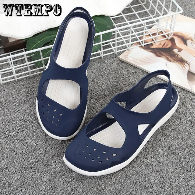 WTEMPO Women Jelly Sandals Non-slip Soft Bottom Baotou Beach Footwear Comfortable Summer Soft Shoes Female Flats Dropshipping