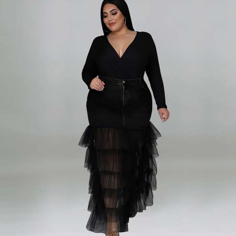 

Women Fashion Demin Skirt Solid Color Mesh Lace Patchwork Oversize High Waist Western Style Elegant Chic Lady Skirt For Summer