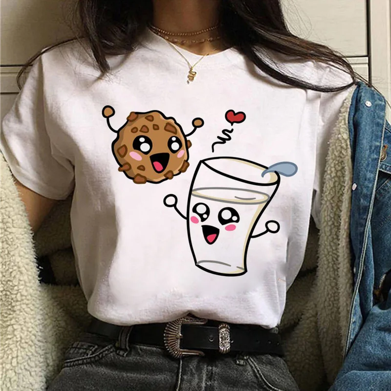 

Cute Milk & Cookies Kawaii Drawing Adorable Food Illustration Cartoon T Shirt Women T Shirt Female Short Sleeve Casual Tee Tops
