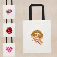 shopping bag golden lips printing tote bag fashion harajuku handbags kawaii cloth bag foldable canvas shoulder shopper bag women
